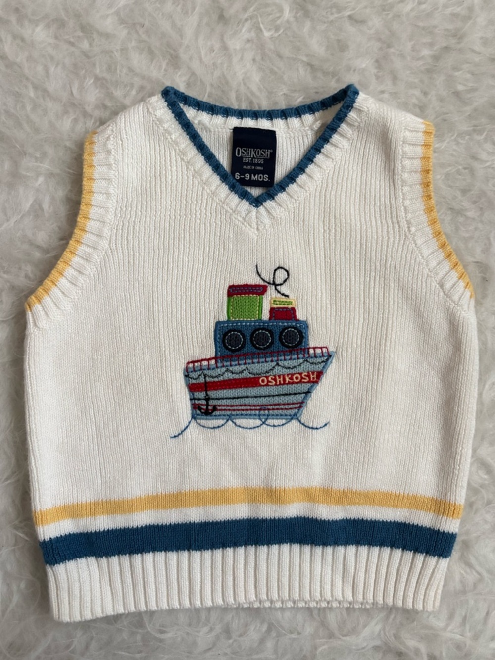 OshKosh Vintage White Knit Baby Sweater Vest with Blue & Red Boat Embroidery